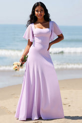 Lila Chiffon A Linie Langes Brautjungfernkleid